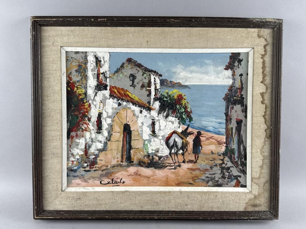 CONTINENTAL SCHOOL (20th Century,), Young girl leading a donkey., Oil on board, 14" x 18". Framed: CONTINENTAL SCHOOL20th CenturyYoung girl leading a donkey. Signed illegibly lower left.Oil on board, 14" x 18". Framed 20" x 24.5". Provenance:The Estate of Jim Lyons.