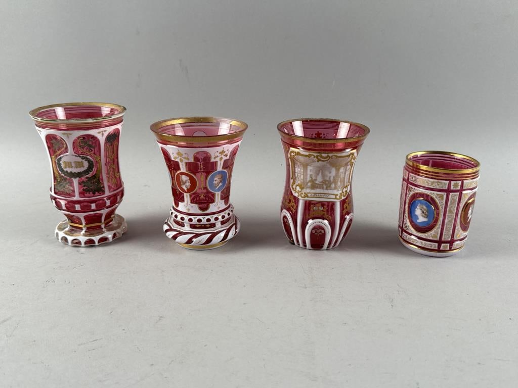 FOUR BOHEMIAN CUT OVERLAY GLASS DRINKING CUPS 19th Century Heights from 3.75" to 6.375". (1 of 4)