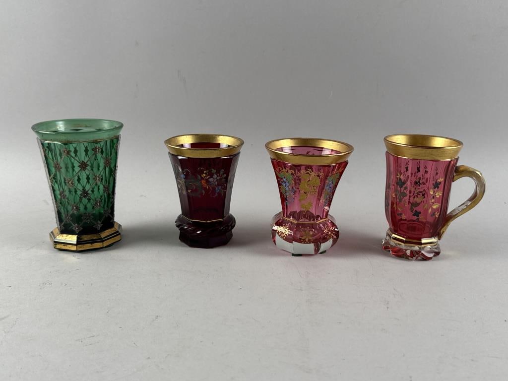 FOUR BOHEMIAN ENAMELED COLORED GLASS DRINKING CUPS 19th Century (1 of 4)