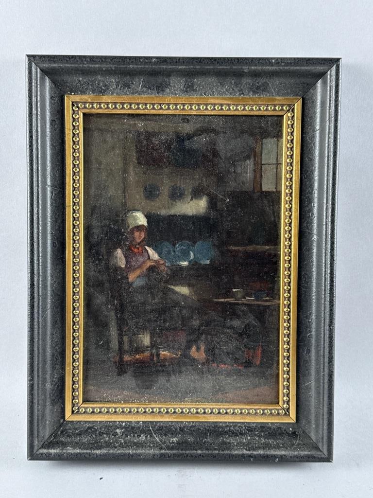 EMIL OTTO GRUNDMANN (Germany/Massachusetts, 1844-1890), Girl darning by the fire., Oil on canvas, (1 of 2)