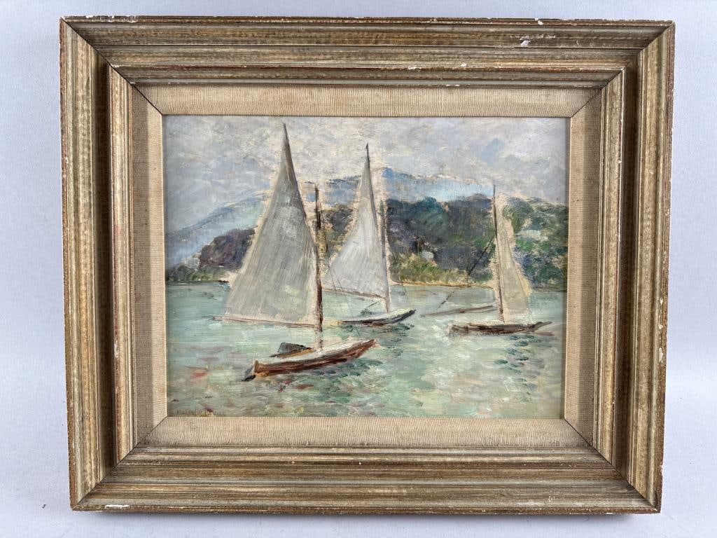 MARCELLE HORACE (France, b. 1907), Sailing on a mountain lake., Oil on board, 10.5" x 14". Framed (1 of 2)