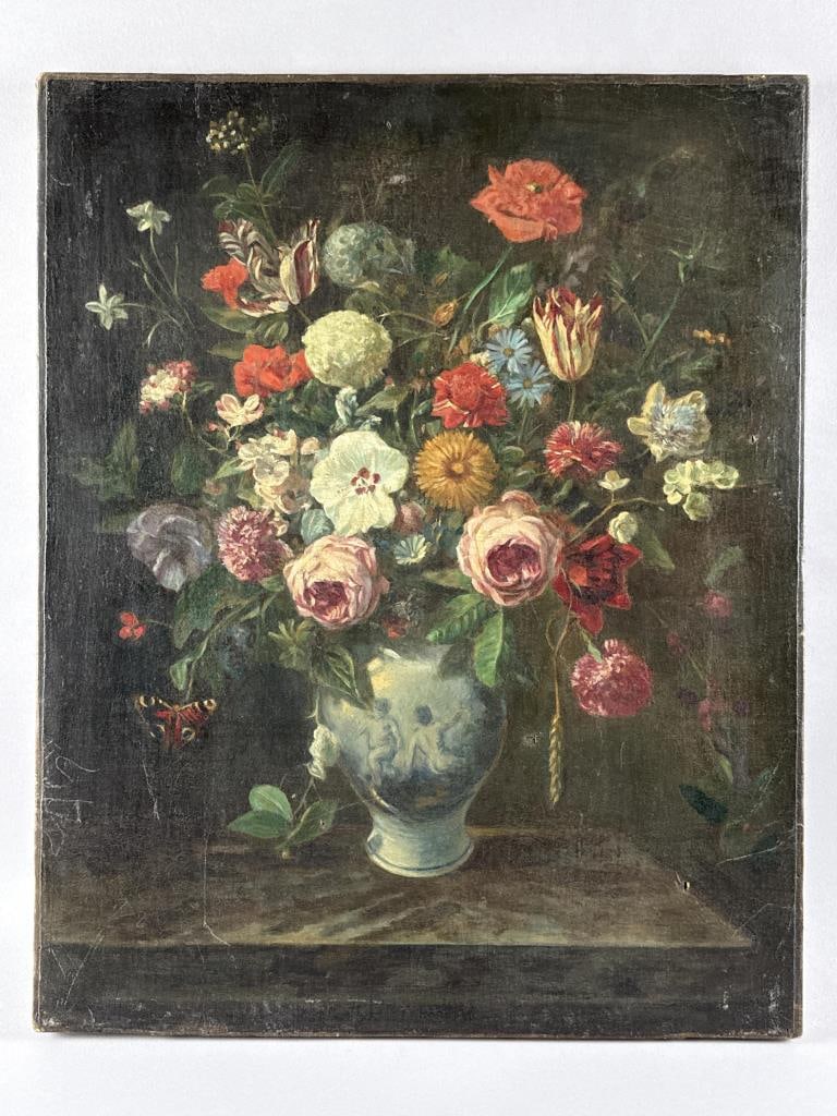 DUTCH SCHOOL (19th Century,), Still life of a bouquet of flowers in a blue and white porcelain: DUTCH SCHOOL19th CenturyStill life of a bouquet of flowers in a blue and white porcelain vase. Unsigned.Oil on canvas, 25" x 19.5". Unframed.
