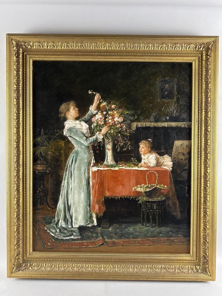 AFTER MIHALY MUNKACSY (20th Century,), Woman composing a bouquet., Hand-touched lithograph on board, (1 of 2)