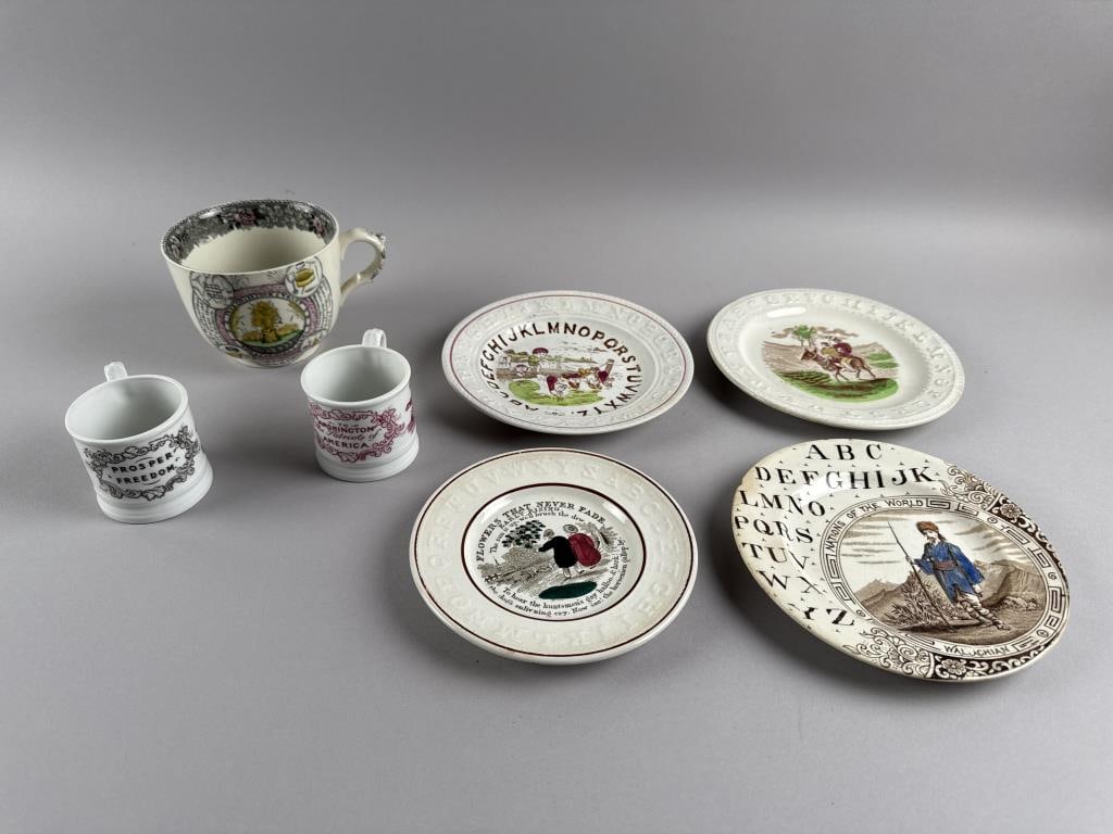 SEVEN CERAMIC CHILD'S PLATES AND MUGS 19th/20th Century Plate diameters from 6.5" to 7.5". (1 of 6)