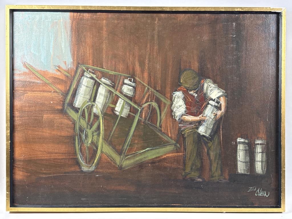 PAINTING OF A MILKMAN LOADING HIS CART Contemporary Oil on canvas, 31.75" x 43.75". Framed 33.25" x (1 of 2)
