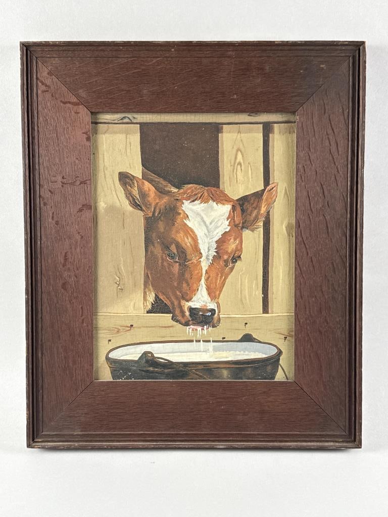 PAINTING OF A COW 19th Century Oil on board, 12" x 9". Framed 17.75" x 15". (1 of 2)