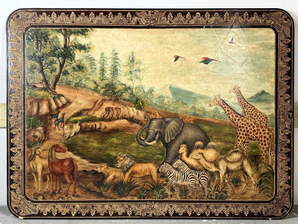 LARGE PAINTING OF ANIMALS IN A MOUNTAIN LANDSCAPE Late 20th Century 44" x 60.5". (1 of 3)
