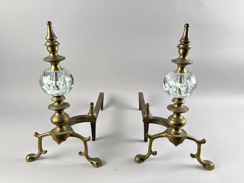 PAIR OF ST. CLAIR GLASS AND BRASS CHIPPENDALE-STYLE ANDIRONS Mid-20th Century Heights 17". Depths (1 of 3)
