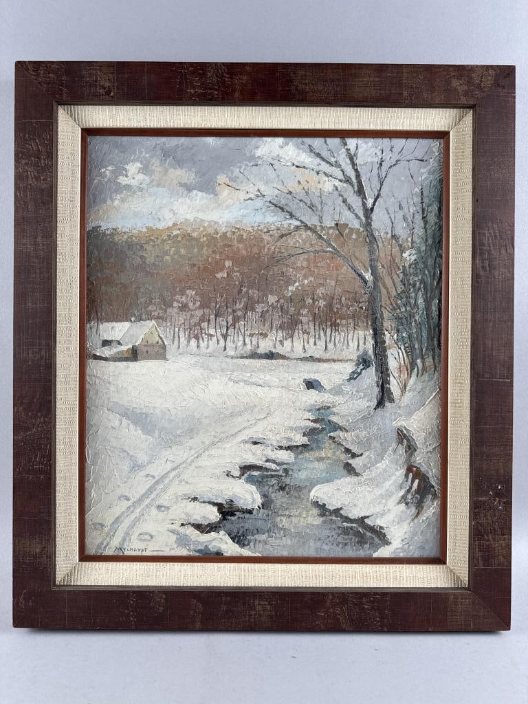 AMERICAN SCHOOL (20th Century,), Winter landscape with brook., Oil on board, 17" x 14.5". Framed 21" (1 of 2)