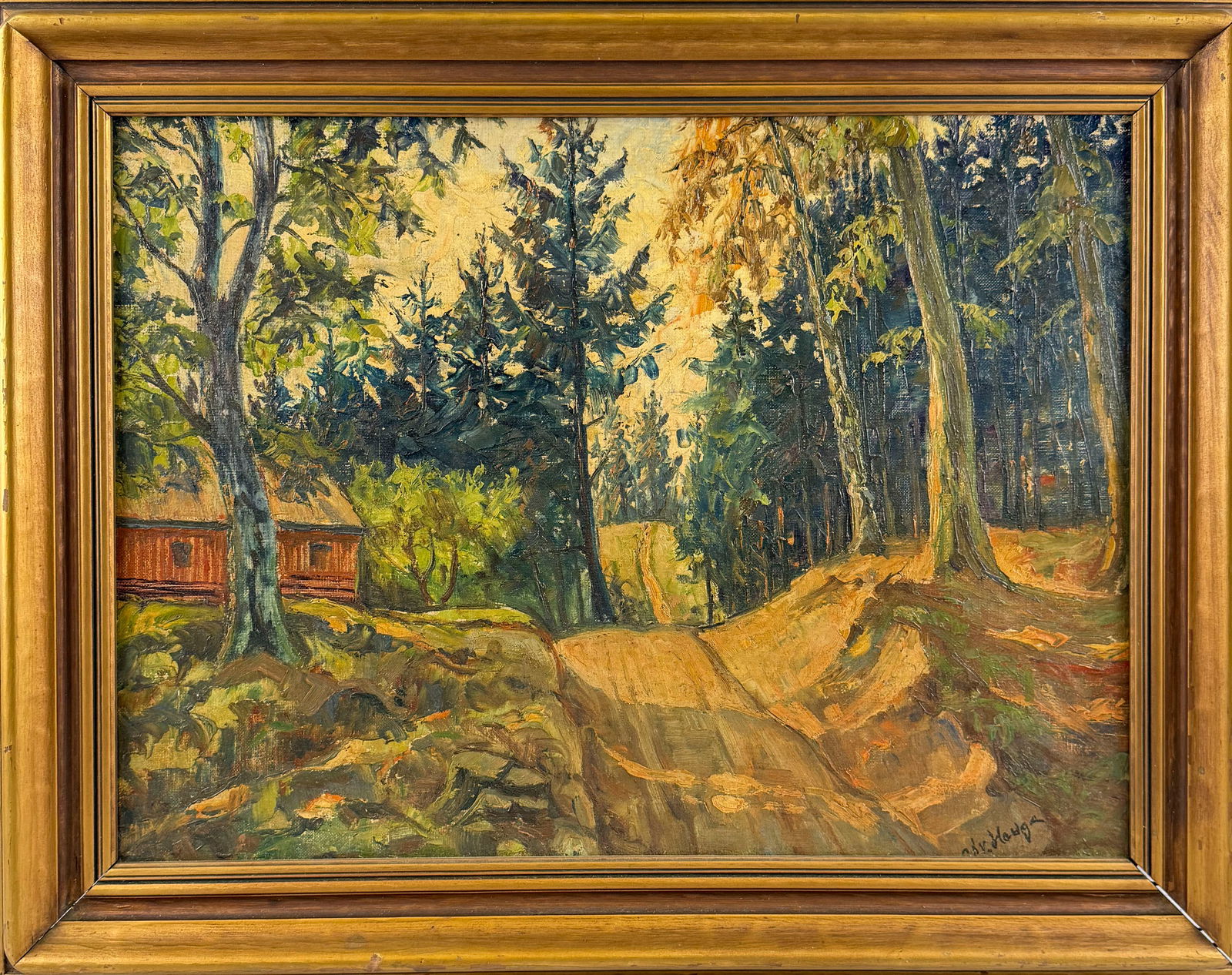AMERICAN SCHOOL (20th Century,), Red cabin in the woods., Oil on canvas, 19" x 26". Framed 24.5" x (1 of 2)