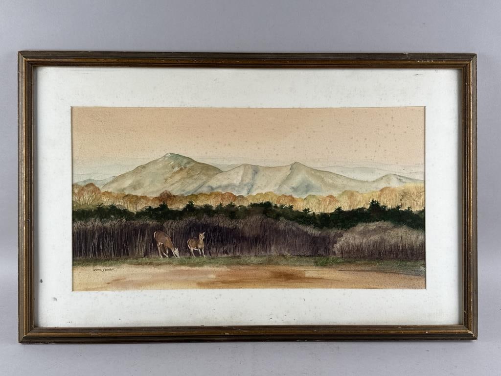 AMERICAN SCHOOL (20th Century,), Deer in a mountain landscape., Watercolor on paper, 11.75" x 22.5". (1 of 2)