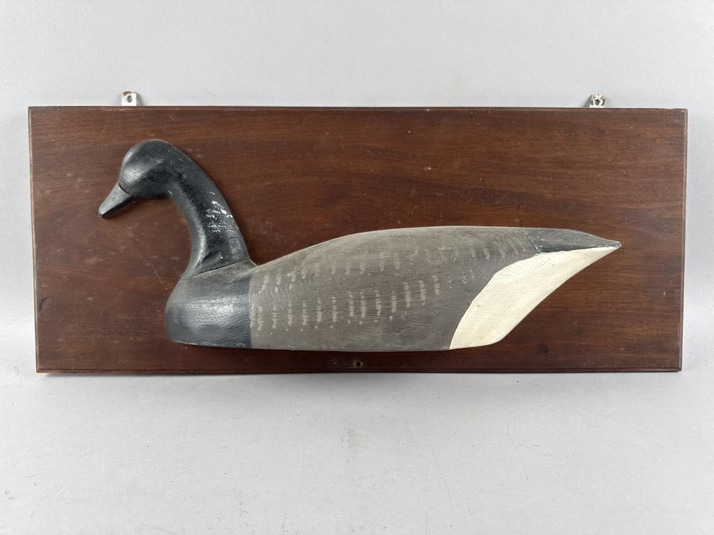 NEW JERSEY BRANT DECOY PLAQUE 20th Century Mahogany backboard 10" x 24". (1 of 2)