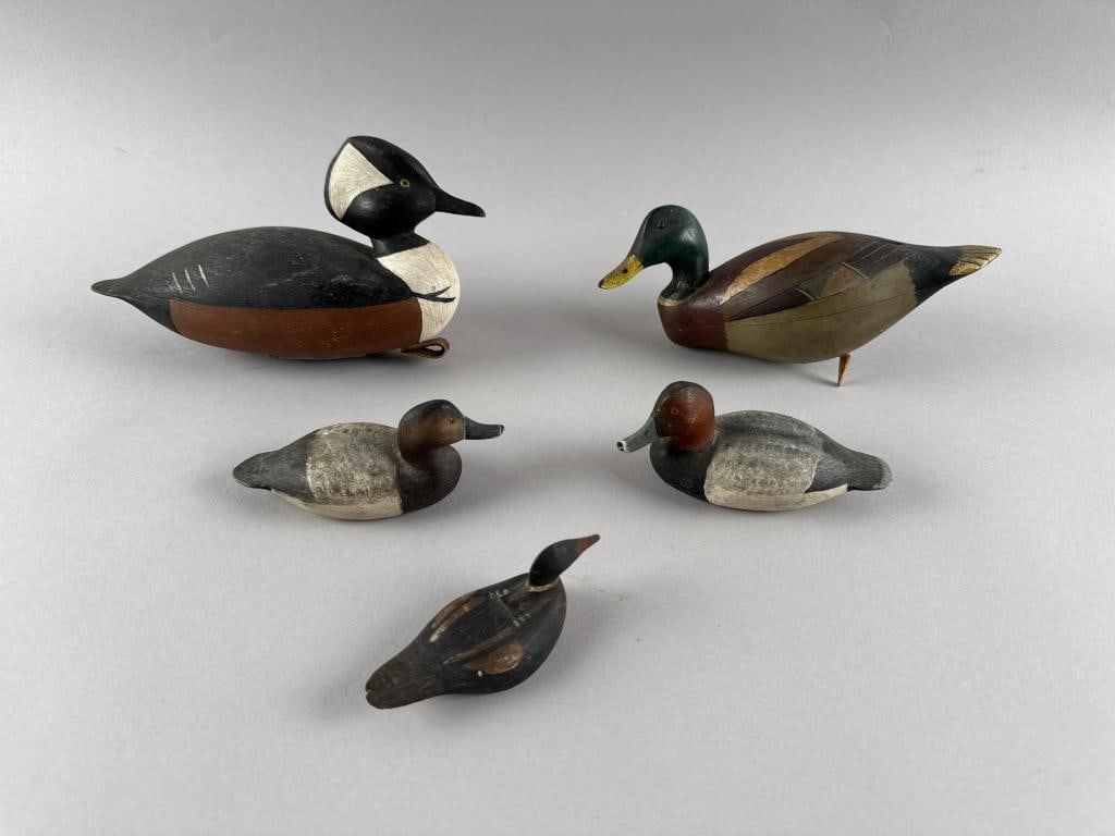 FIVE MINIATURE WATERFOWL CARVINGS 20th Century Lengths from 4.5" to 8". (1 of 5)