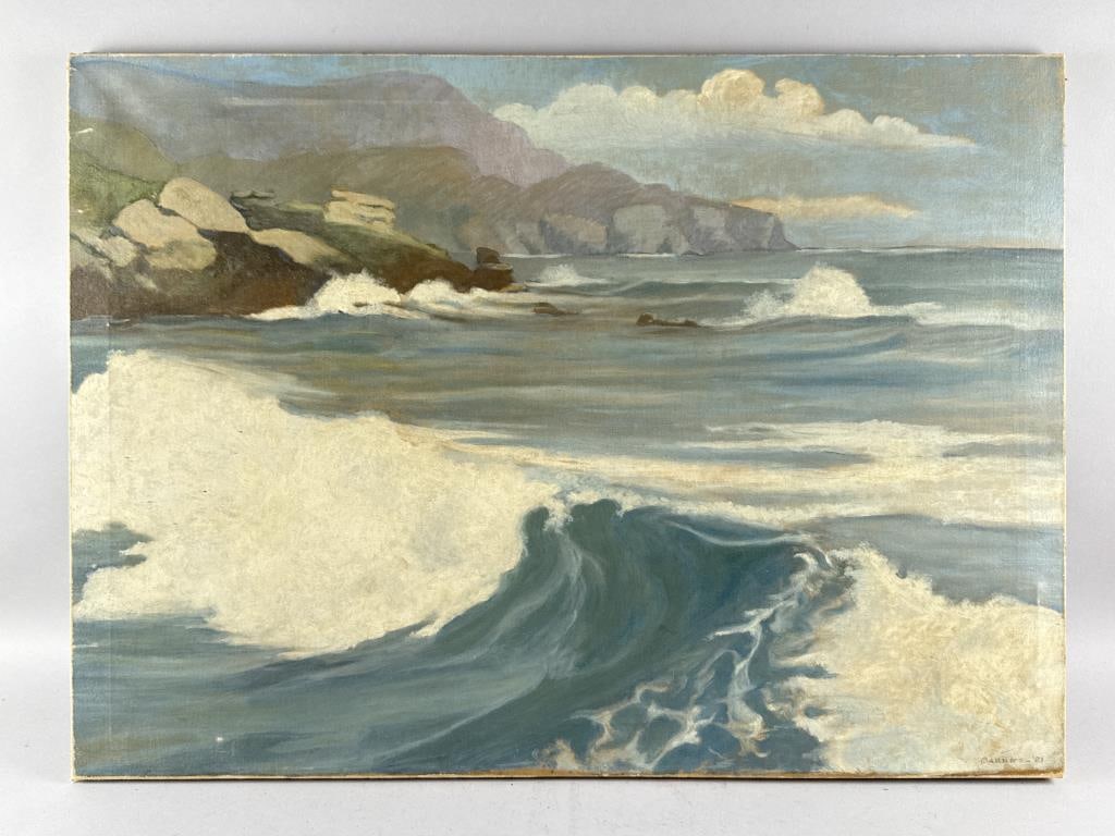 SEASCAPE PAINTING Contemporary Oil on canvas, 26" x 35.5". Unframed.: SEASCAPE PAINTINGContemporaryWaves crashing along a rocky coast. Unsigned.Oil on canvas, 26" x 35.5". Unframed. Provenance:The Estate of Jim Lyons.