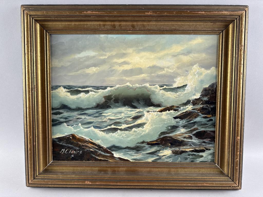 MALCOLM C. WAITE (Massachusetts/Rhode Island, 1917-1994), Crashing waves., Oil on canvas, 14" x 18". (1 of 2)
