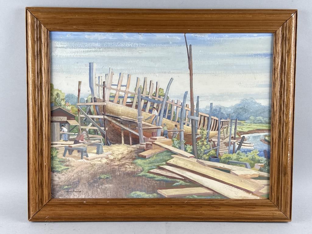 LUCY DOANE (Vermont/Massachusetts, 1908-2010), Dock scene., Tempera on board, 15" x 19.5" sight.: LUCY DOANEVermont/Massachusetts, 1908-2010Dock scene. Signed lower left "Lucy Doane".Tempera on board, 15" x 19.5" sight. Framed 18.5" x 23.5".