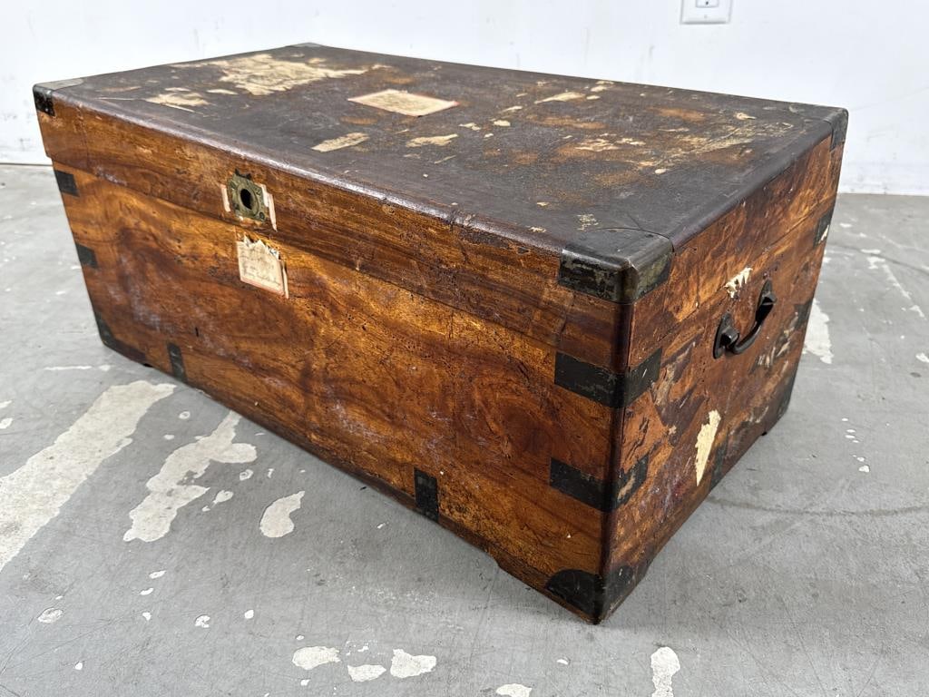 BRASS-BOUND CAMPHORWOOD CHEST 19th Century Height 12.5". Width 29.5". Depth 16". (1 of 5)