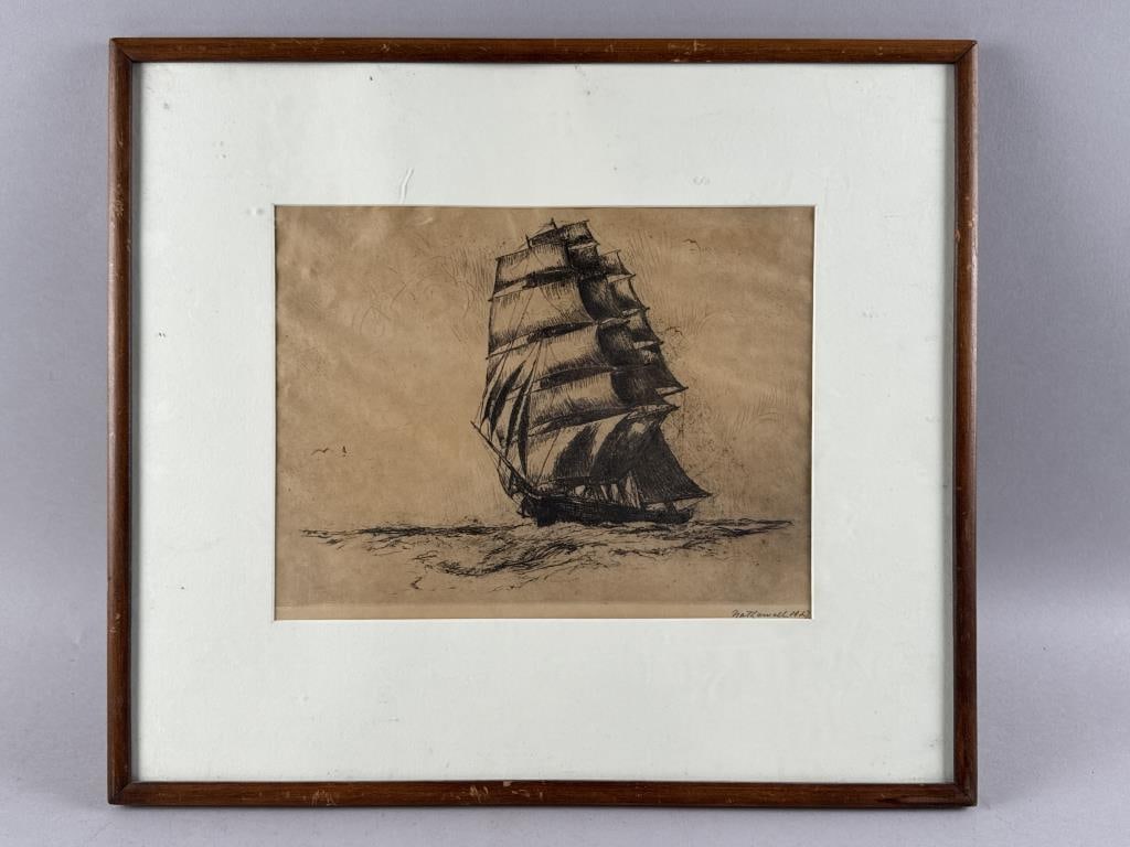 NAT LOWELL (New York, 1880-1956), Clipper ship., Etching, 9" x 12" sight. Framed 16.5" x 19". (1 of 2)