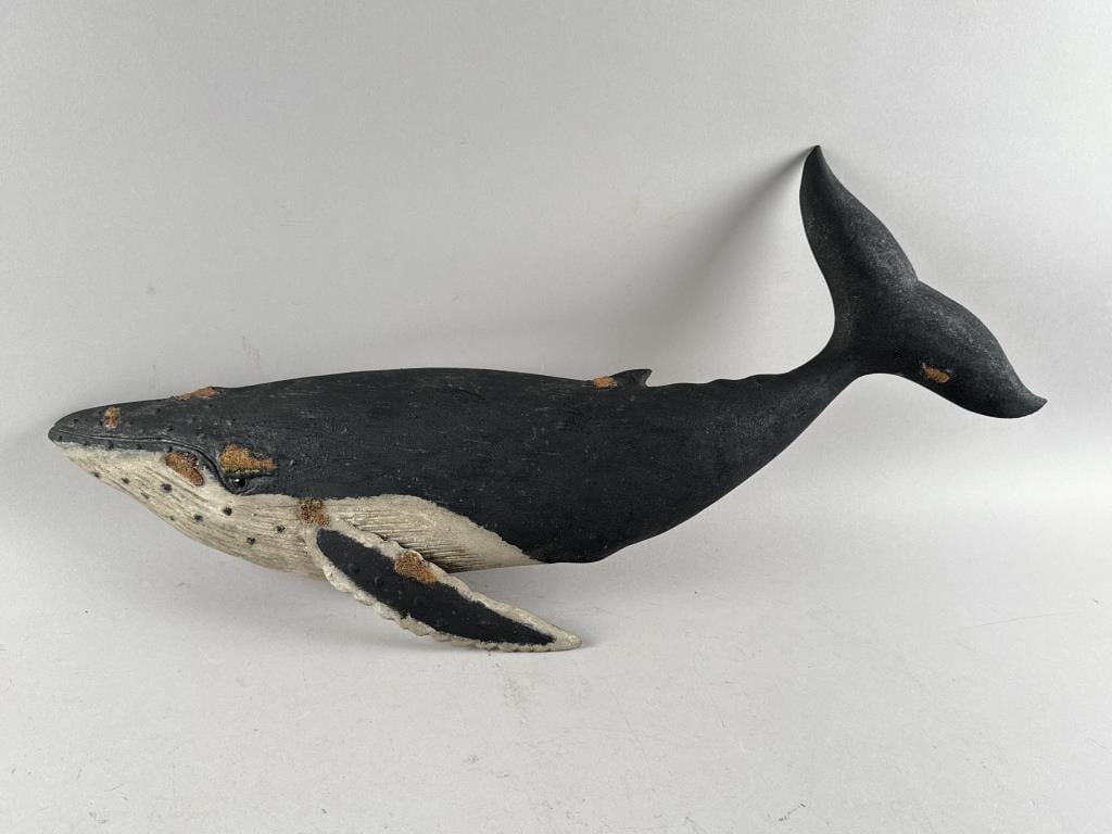 ROGER MITCHELL CARVED HUMPBACK WHALE PLAQUE Massachusetts, Contemporary Height 14.5". Length 27".: ROGER MITCHELL CARVED HUMPBACK WHALE PLAQUEMassachusetts, ContemporarySigned on back "R C Mitchell".Height 14.5". Length 27".