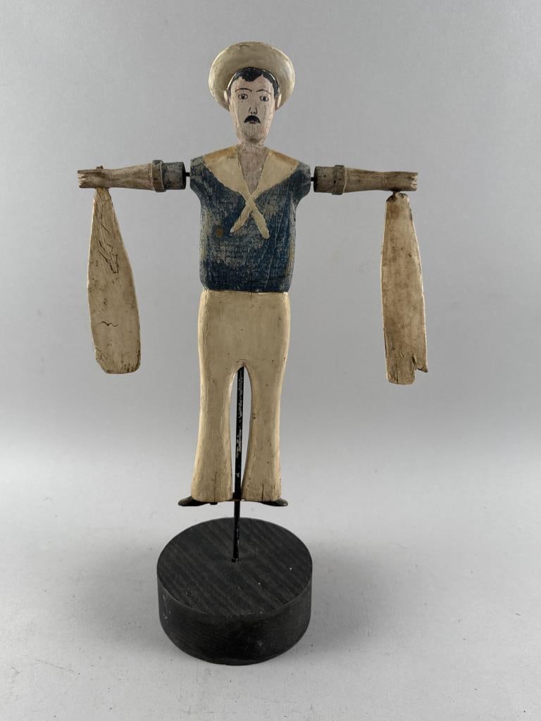 CARVED WOODEN SAILOR WHIRLIGIG 20th Century Total height 17". (1 of 2)