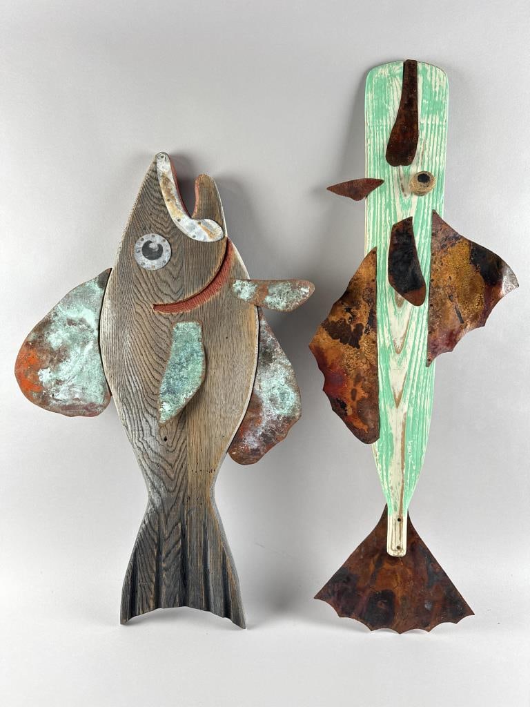 TWO FOLK ART CARVED AND PAINTED FISH Contemporary Lengths 31" and 36".: TWO FOLK ART CARVED AND PAINTED FISHContemporaryMetal fins. Both with carved "KS" signature on reverse.Lengths 31" and 36".