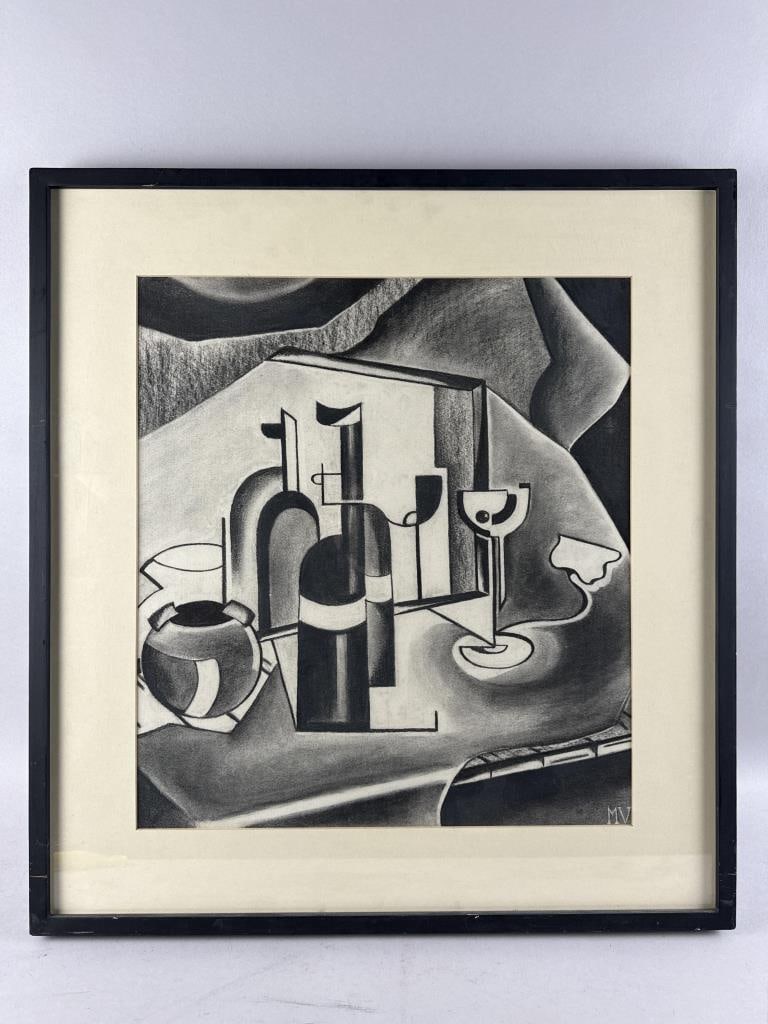 CHARCOAL DRAWING OF BOTTLES 20th Century 20" x 18" sight. Framed 27.5" x 25.5". (1 of 2)