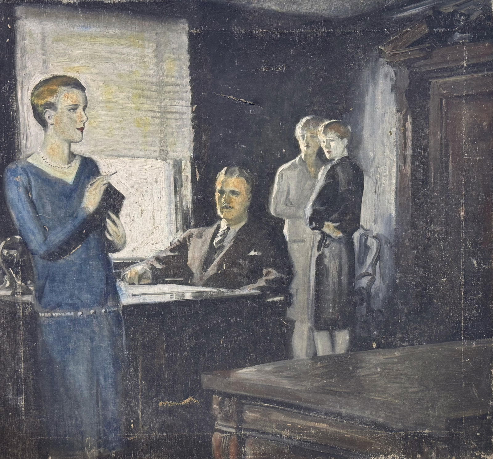 AMERICAN SCHOOL (20th Century,), A meeting in an office., Oil on canvas, 24" x 26". Unframed. (1 of 9)