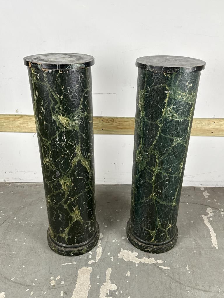 PAIR OF PAINT-DECORATED WOODEN PEDESTALS 20th Century Heights 43". Diameters 12.75". (1 of 3)