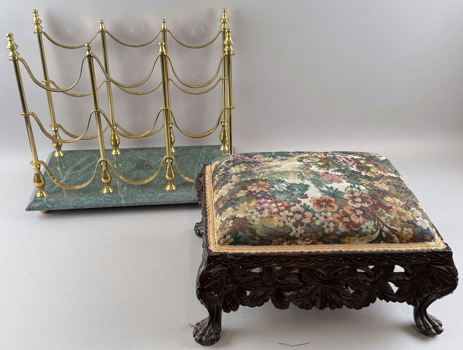 FOOTSTOOL AND MAGAZINE RACK 20th Century Footstool height 8". Width 14". Depth 11". Rack height 14". (1 of 7)