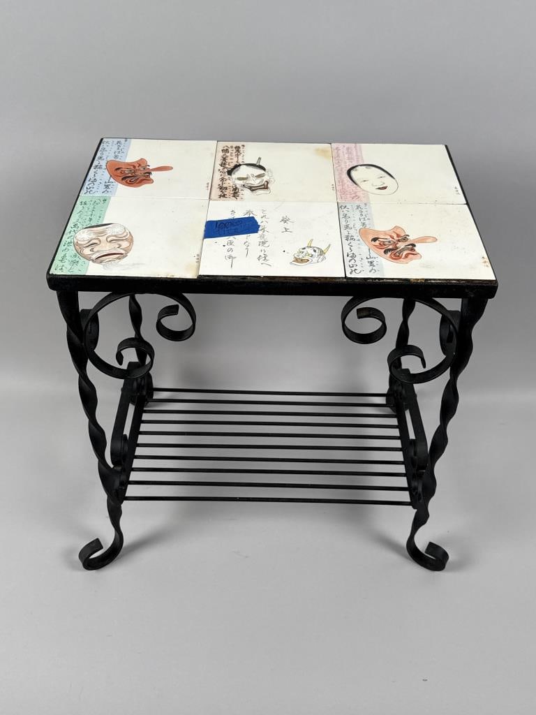 WROUGHT IRON SIDE TABLE INSET WITH JAPANESE TILES 20th Century Height 21". Width 18". Depth 12". (1 of 4)