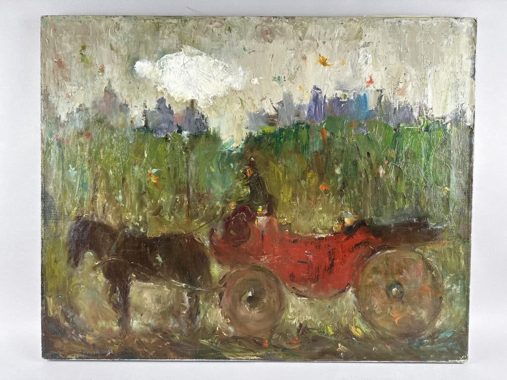 SAMUEL EDMUND OPPENHEIM (New York/Florida, 1901-1992), "Red Hansom Cab with Purple Bldgs"., Oil on (1 of 2)