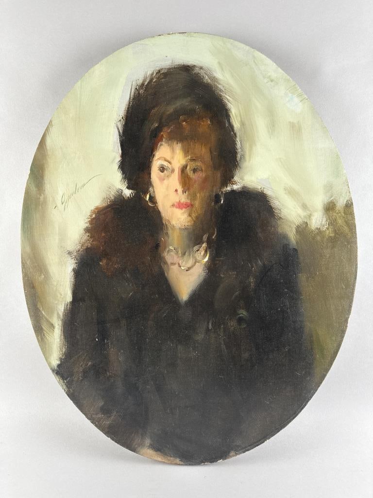 SAMUEL EDMUND OPPENHEIM (New York/Florida, 1901-1992), "Oval Portrait of a Woman in Furs"., Oil on (1 of 2)
