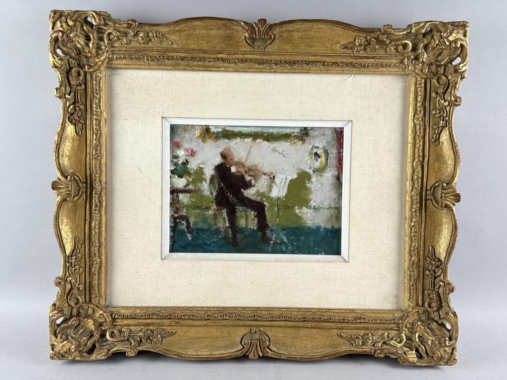 SAMUEL EDMUND OPPENHEIM (New York/Florida, 1901-1992), Man playing violin., Oil on canvas, 9.5" x (1 of 2)