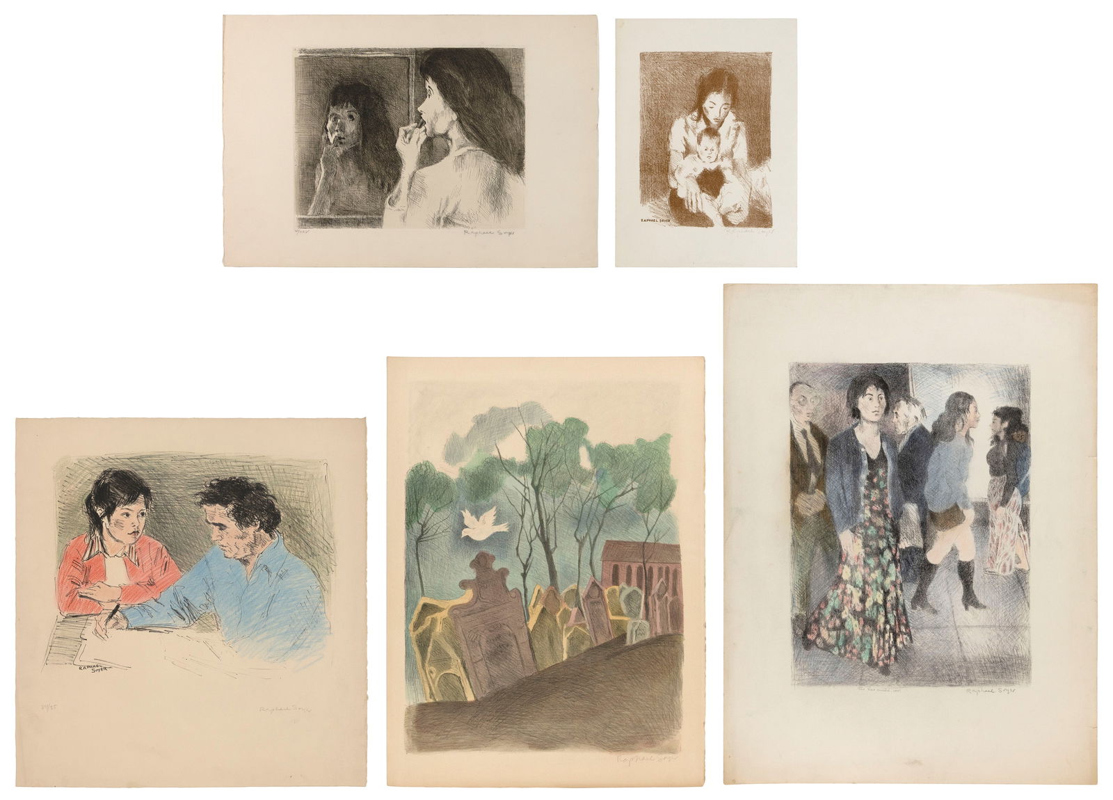 RAPHAEL SOYER (New York, 1899-1987), Five works, mostly figural:, Sheets from 15" x 11" to 29.75" x (1 of 5)