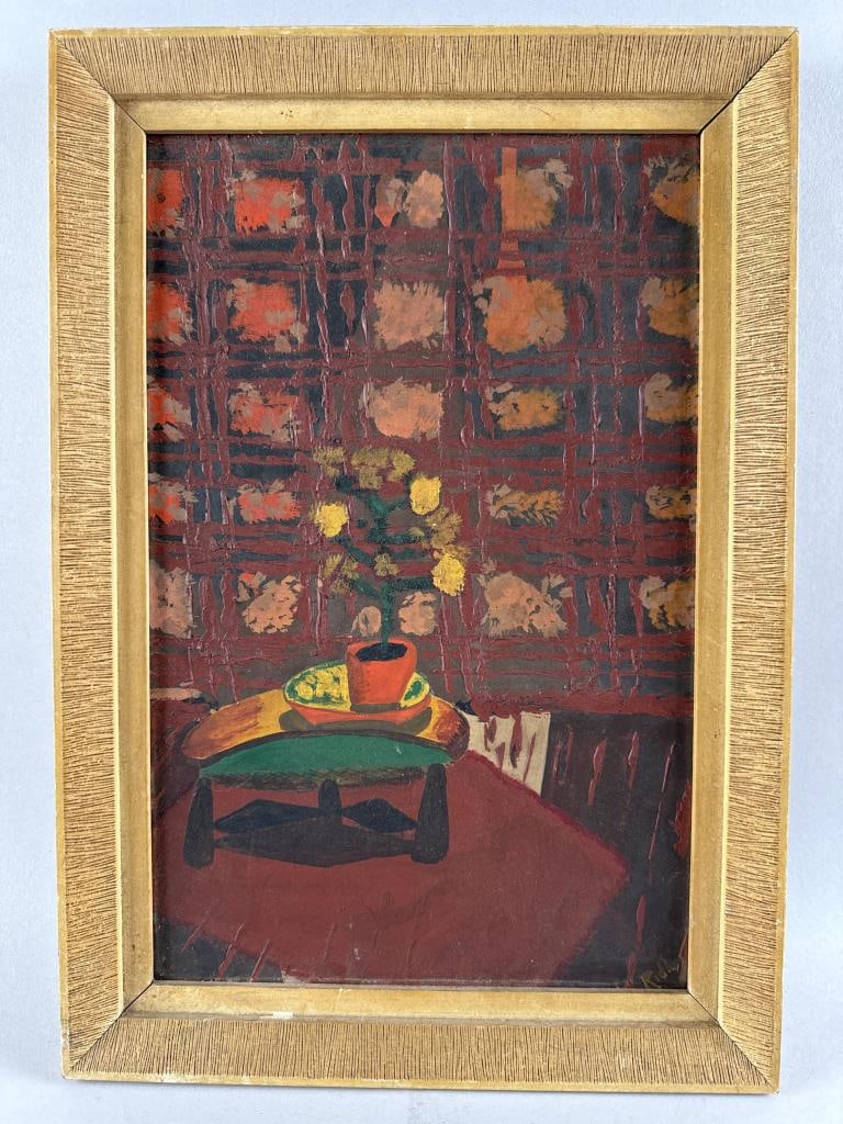 INTERIOR SCENE WITH POTTED FLOWERING PLANT 20th Century Oil on board, 14.25" x 10.5". Framed 16.75" (1 of 3)