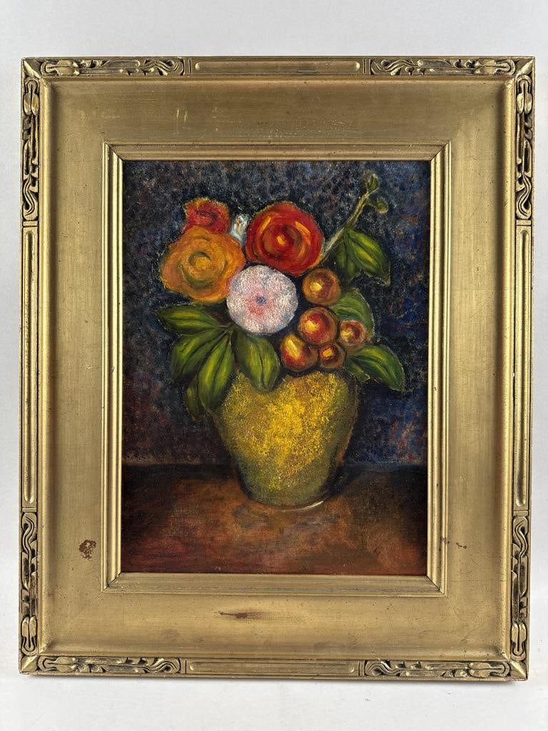 STILL LIFE OF FLOWERS 20th Century Oil on canvas board, 16" x 12". Framed 23" x 19". (1 of 2)