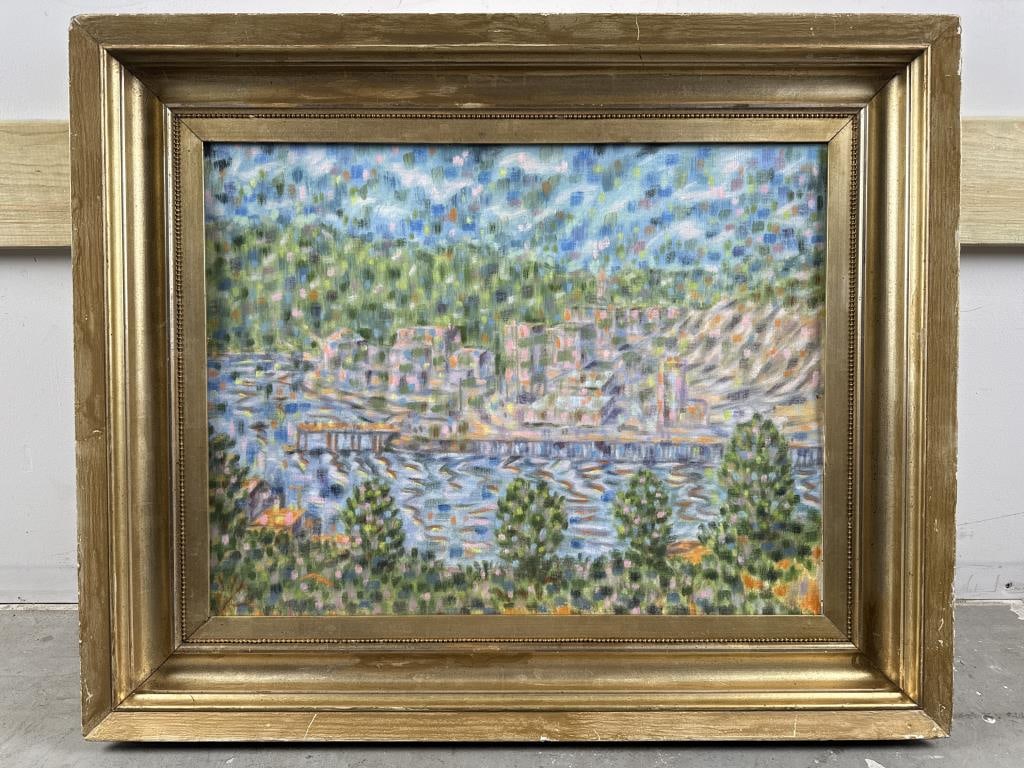 POINTILLISM SCHOOL (20th Century,), River scene., Oil on canvas board, 20" x 26". Framed 28" x (1 of 2)