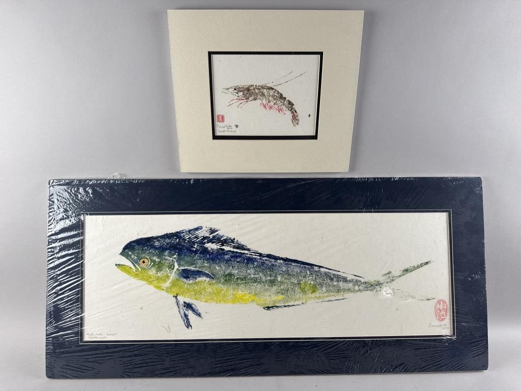 BRUCE KOIKE (America, Contemporary), Two gyotaku rubbings.: BRUCE KOIKEAmerica, ContemporaryTwo gyotaku rubbings. 1) "Mahi mahi - Dorado, Dolphinfish". Signed and dated lower right "Bruce Koike 2014", with artist's stamp above. Titled lower left. 10" x 30" sig