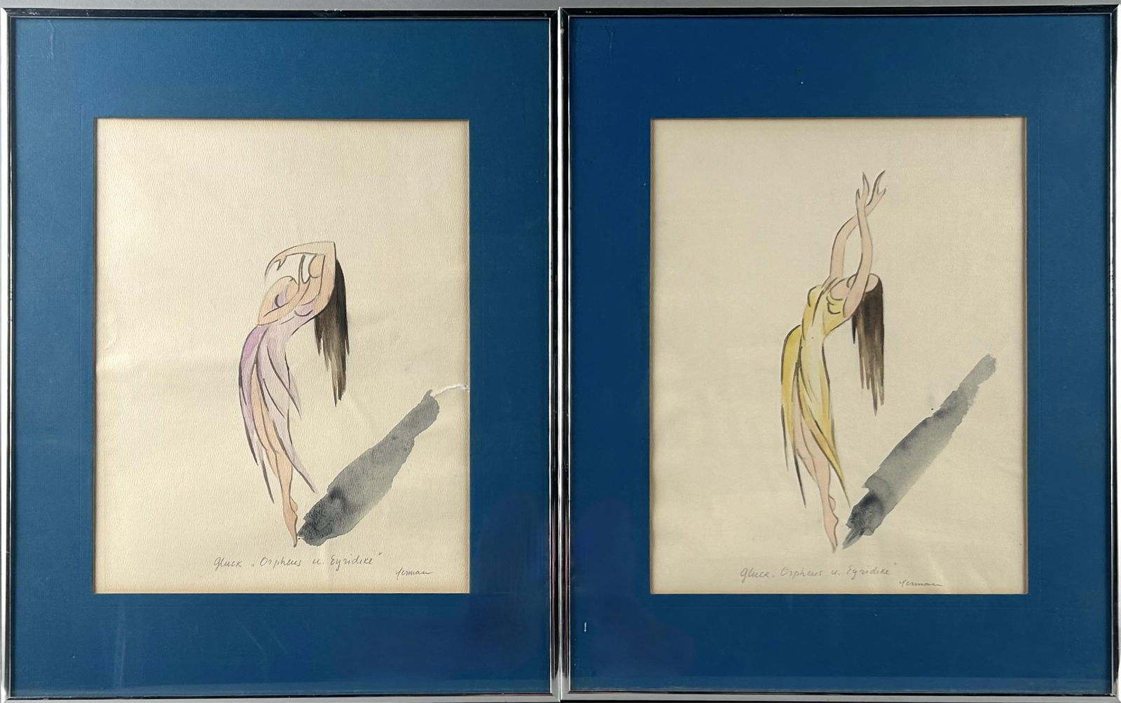 PAIR OF SKETCHES OF WOMEN 20th Century Watercolors on paper, 13.75" x 11" sight. Framed 20" x 16". (1 of 4)