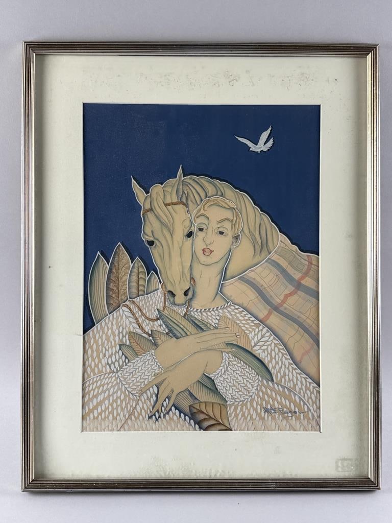 H.E. FAGER (20th Century,), "Man and Horse"., Gouache, 18.5" x 13.5" sight. Framed 25" x 20". (1 of 2)