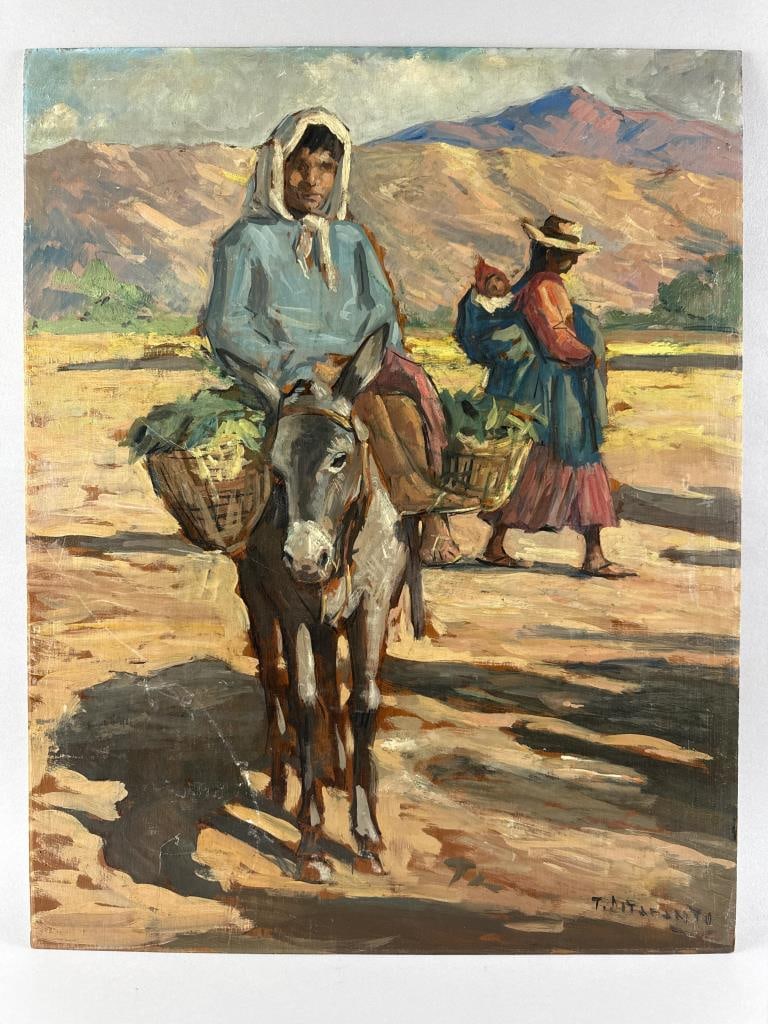 TOMAS DITARANTO (Argentina, 1904-1985), Peasants in a landscape., Oil on board, 26.5" x 21". (1 of 2)