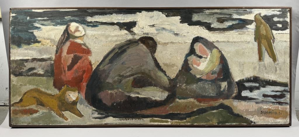 ESKIMO VILLAGE SCENE 20th Century Oil on masonite, 20" x 48" sight. Framed 20.75" x 48.75". (1 of 2)