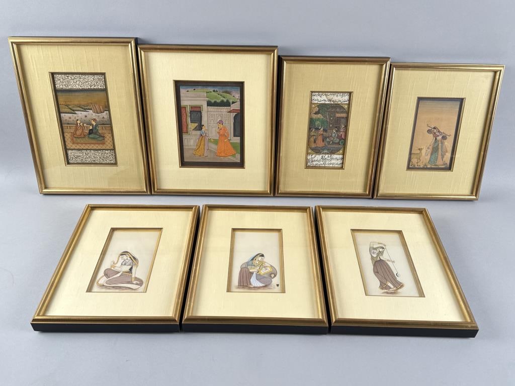 SEVEN INDIAN MOGHUL BOOK PAGES OR WATERCOLORS 19th Century Largest approx. 7.5" x 4" sight. Framed (1 of 9)
