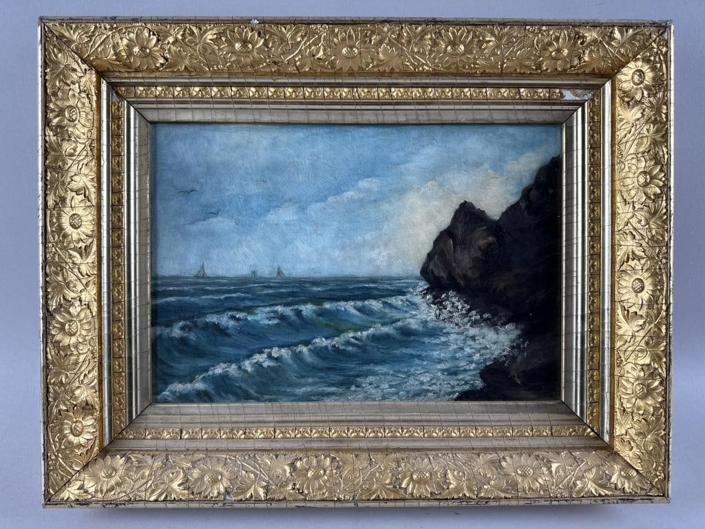 PRIMITIVE SEASCAPE 19th Century Oil on cavas, 9" x 13". Framed 14" x 18". (1 of 2)