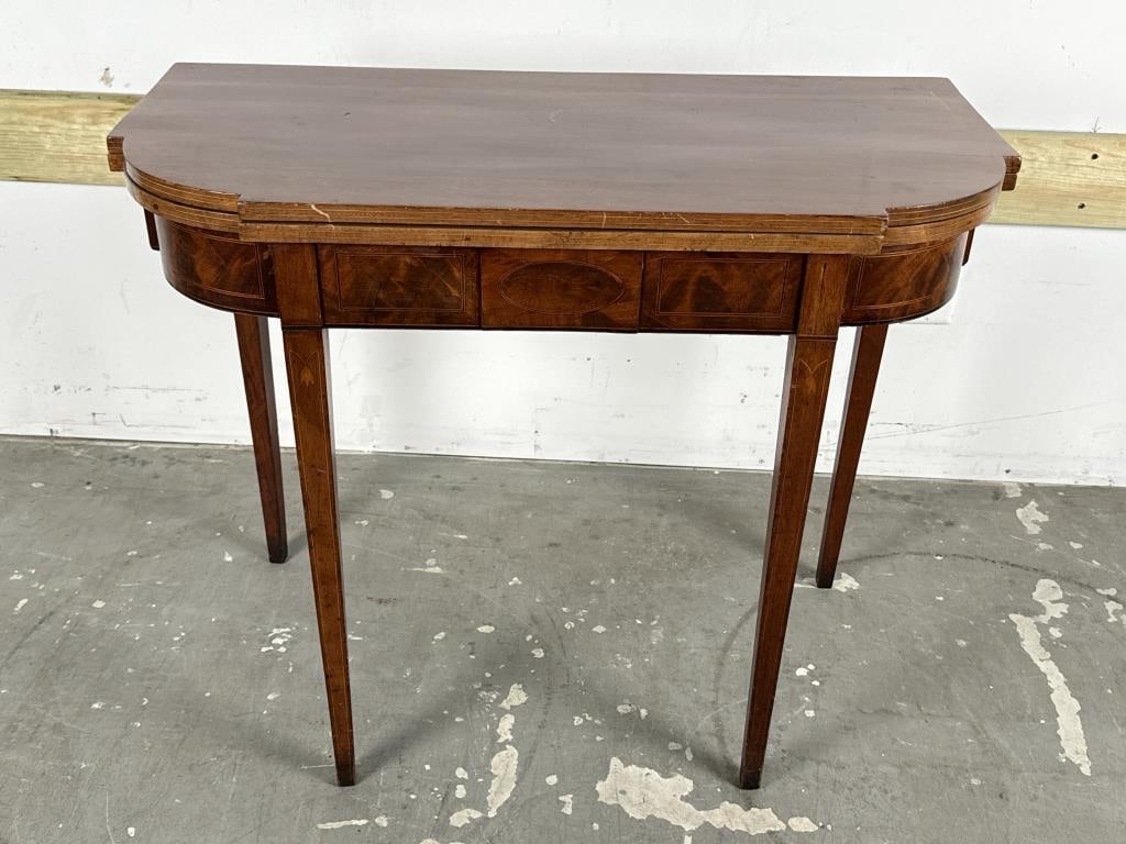 HEPPLEWHITE MAHOGANY AND MAHOGANY VENEER D-SHAPED CARD TABLE Early 19th Century Height 29.5". Width (1 of 4)