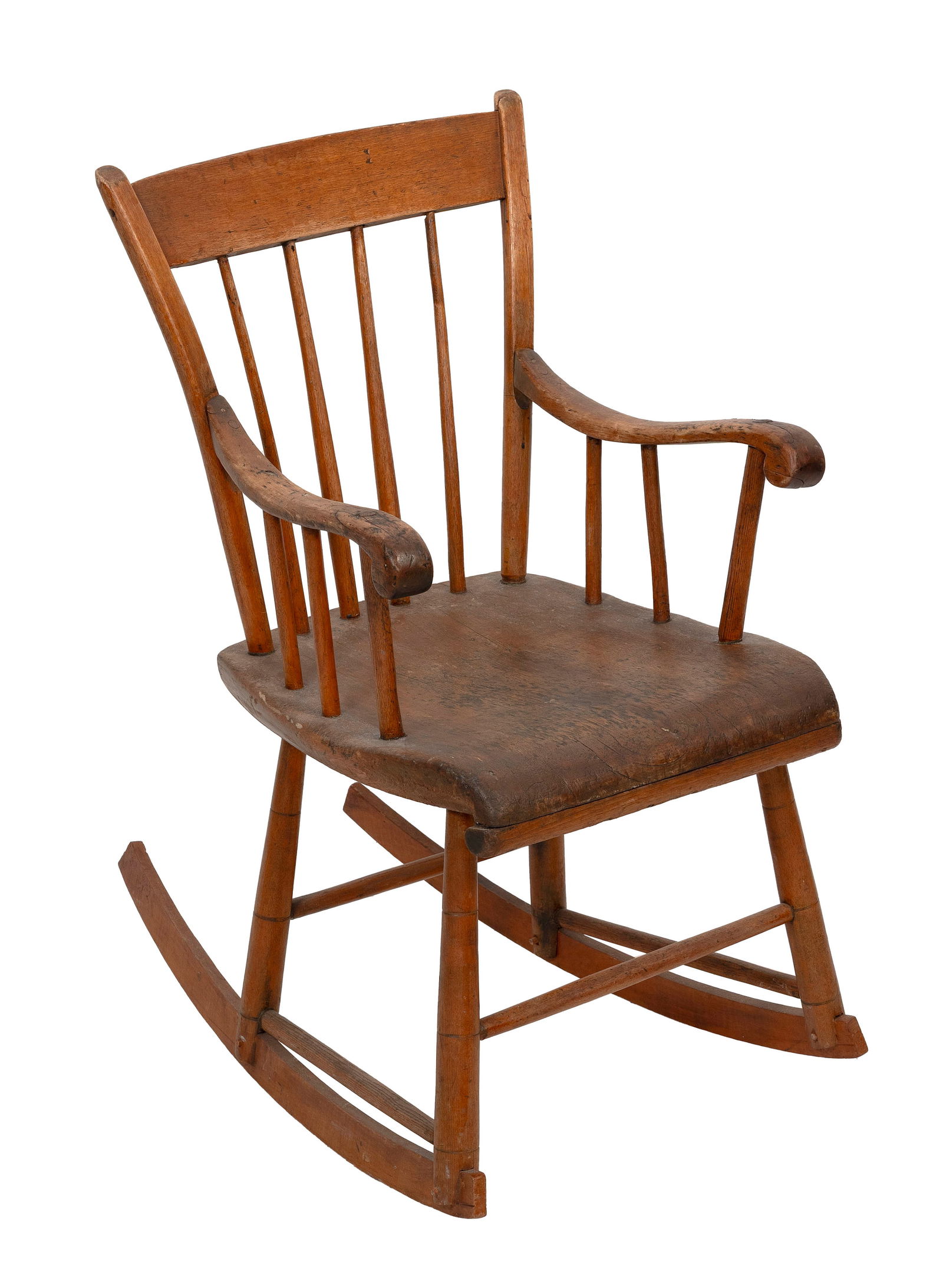 WINDSOR ROD-BACK ROCKING ARMCHAIR 19th Century Back height 32.5". Seat height 16.5".: WINDSOR ROD-BACK ROCKING ARMCHAIR19th CenturyUnder layers of paint and varnish. Bamboo-turned splayed legs joined by a box stretcher. Rockers attached to legs with wooden pins.Back height 32.5". Seat