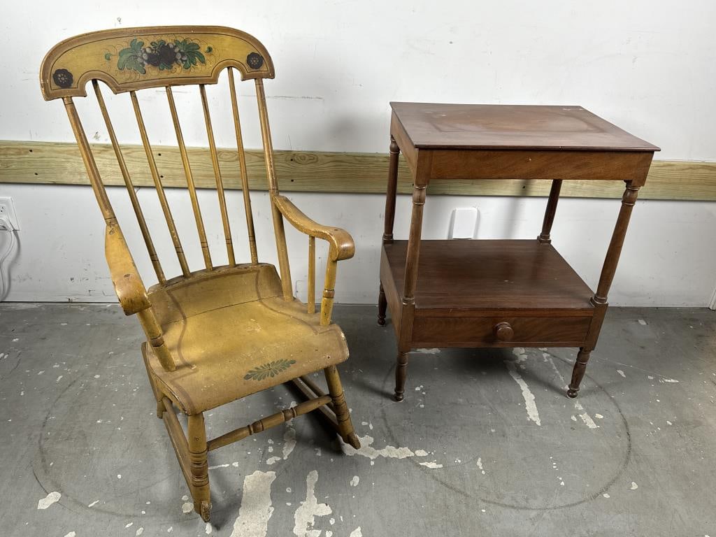 SHERATON WASHSTAND AND ROCKING CHAIR 19th Century Stand height 31.5". Width 21". Depth 18". Chair: SHERATON WASHSTAND AND ROCKING CHAIR19th CenturyMahogany one-drawer stand. Yellow painted rocking chair with floral decoration.Stand height 31.5". Width 21". Depth 18". Chair back height 39". Seat hei