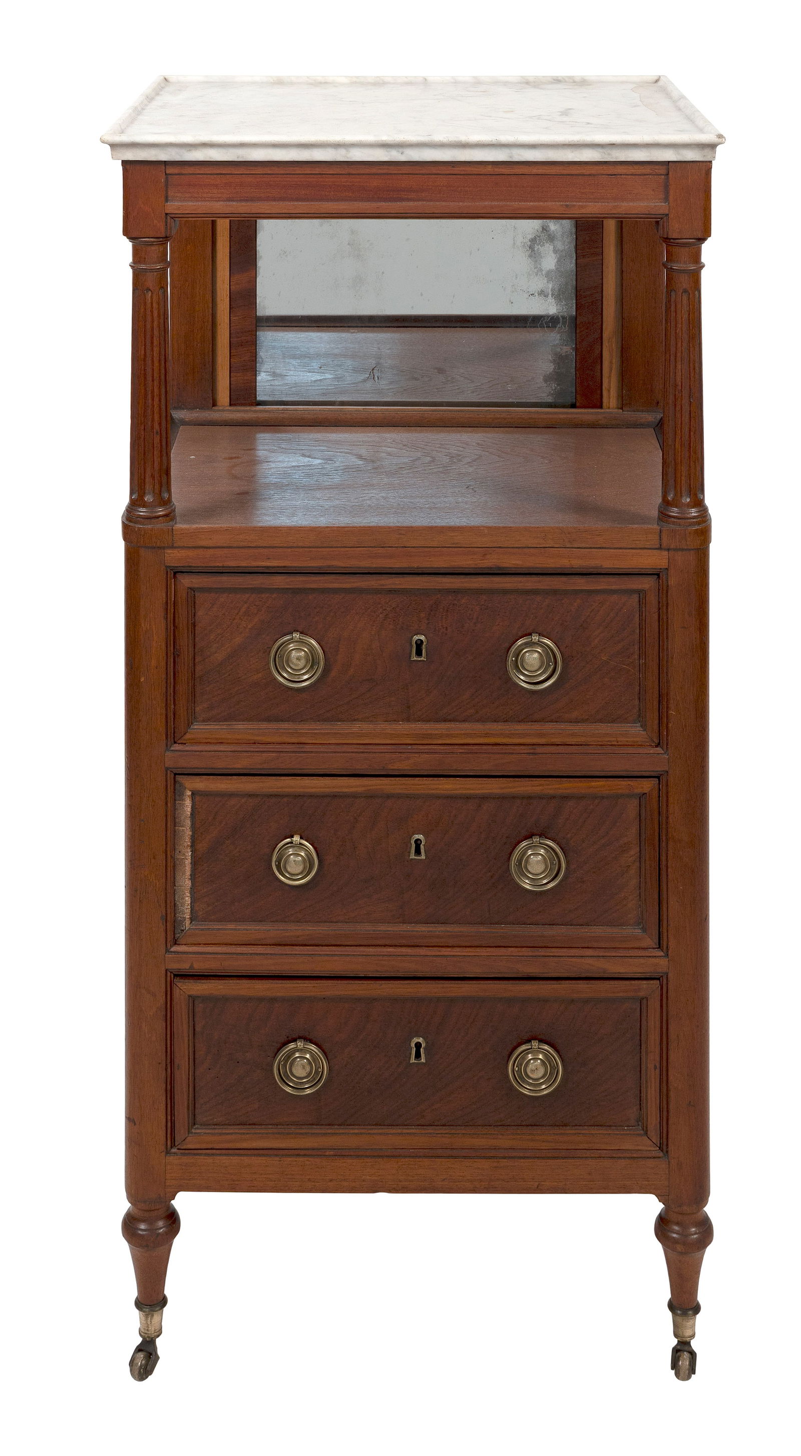 MARBLE-TOP WALNUT GROOMING STAND 19th Century Height 43". Width 21". Depth 16".: MARBLE-TOP WALNUT GROOMING STAND19th CenturyWith a retracting mirror and three drawers. Fitted with brass casters.Height 43". Width 21". Depth 16".