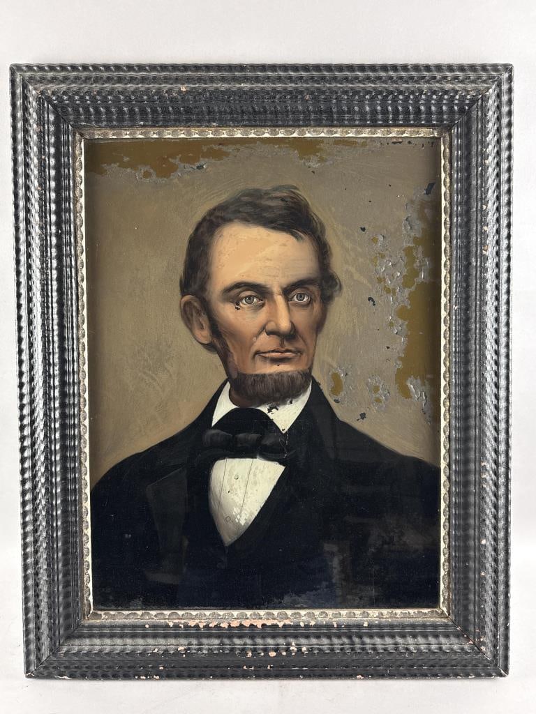 REVERSE PAINTING ON GLASS OF ABRAHAM LINCOLN 19th Century 23.5" x 17.5". Framed 31" x 24". (1 of 2)