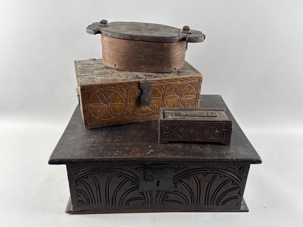 FOUR CARVED WOODEN BOXES 19th Century Lengths from 7.5" to 20". (1 of 6)